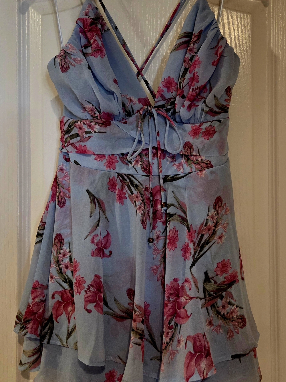 Light Blue Floral Ruffle Romper with Pink Blooms Size L
